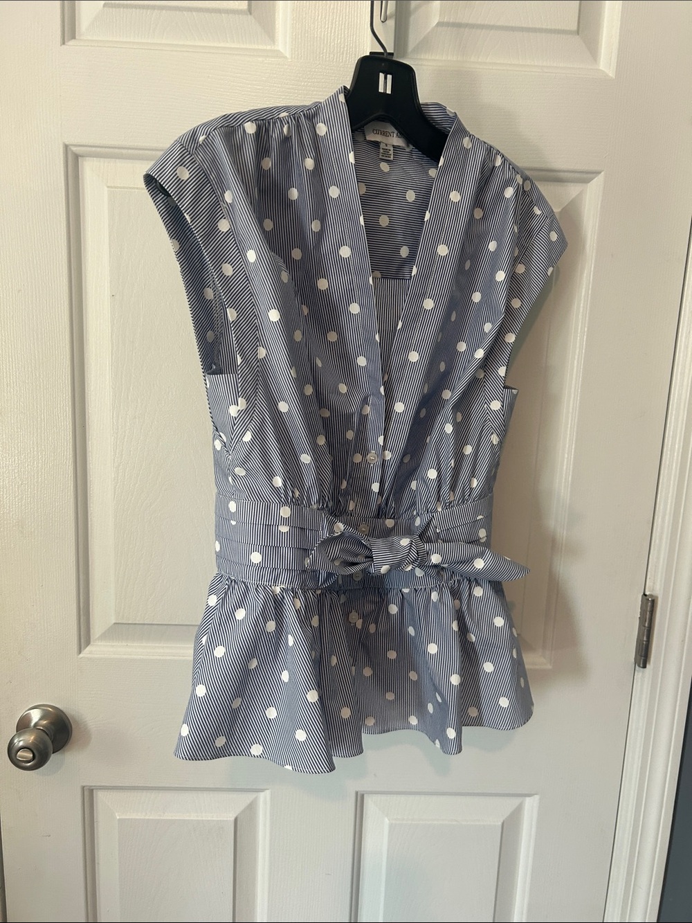 Current Air Blue Polka Dot Tie-Waist Peplum Top